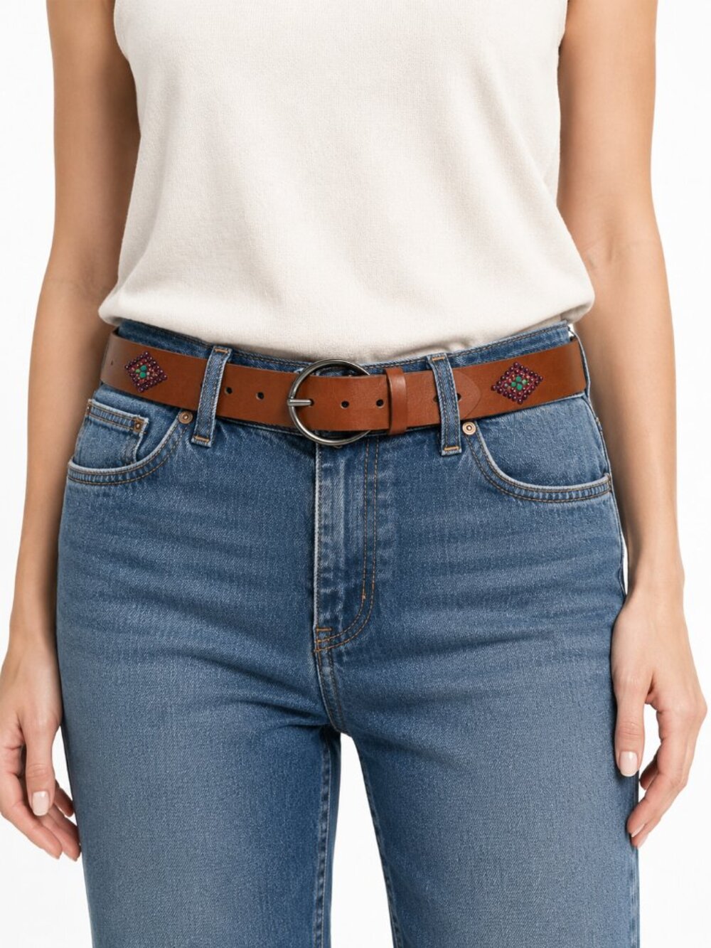 Genuine Leather Southwestern Western Boho Ring Belt Beaded Conchos